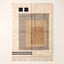 Ivory, grey and sand Beni Ourain rug with nested rectangular frames and black accent squares, flat lay on plain background