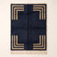 Navy Beni Ourain rug with tan concentric rectangular corner frames, full flat view