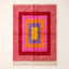 Rose pink, magenta, gold and purple Azilal rug with nested rectangle design, full flat view showing concentric frames around central yellow rectangle