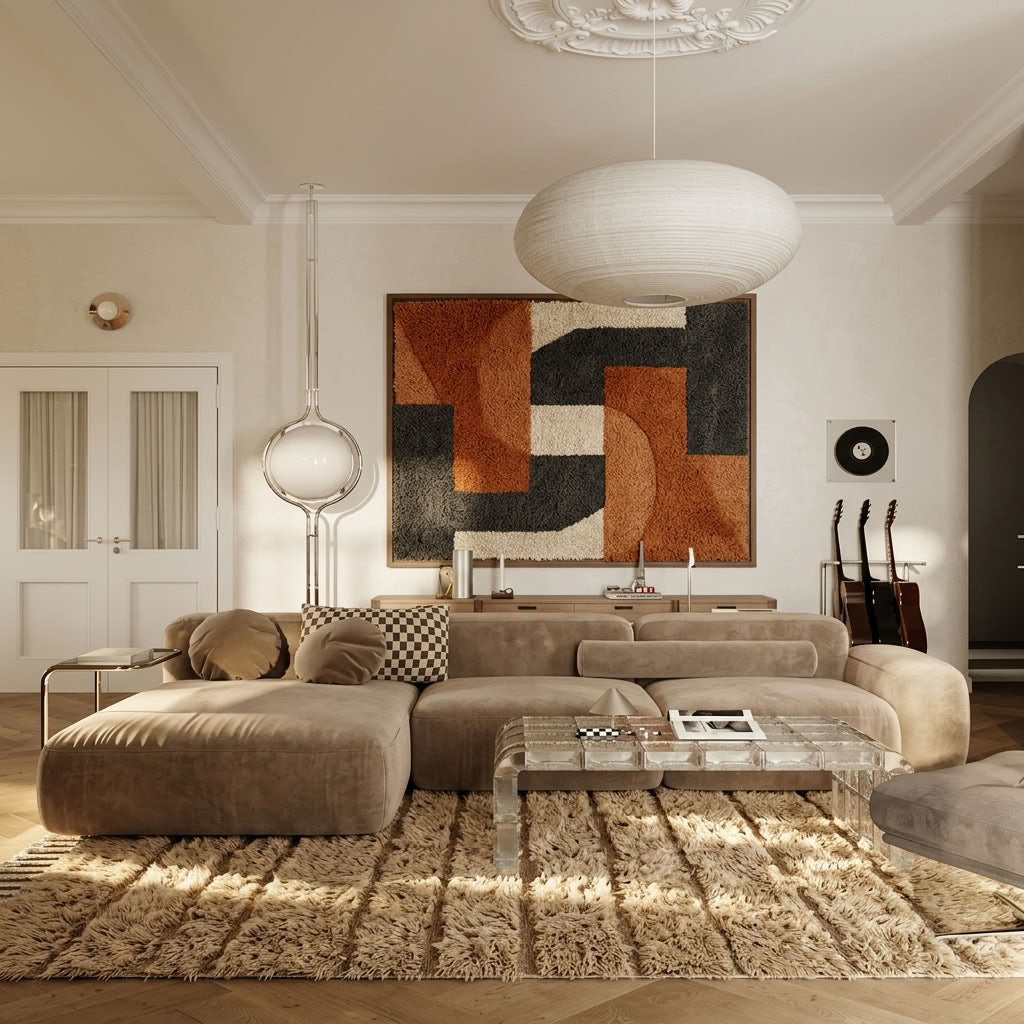 Ivory Beni Ourain wool rug in a living room with a tan sofa and pendant light