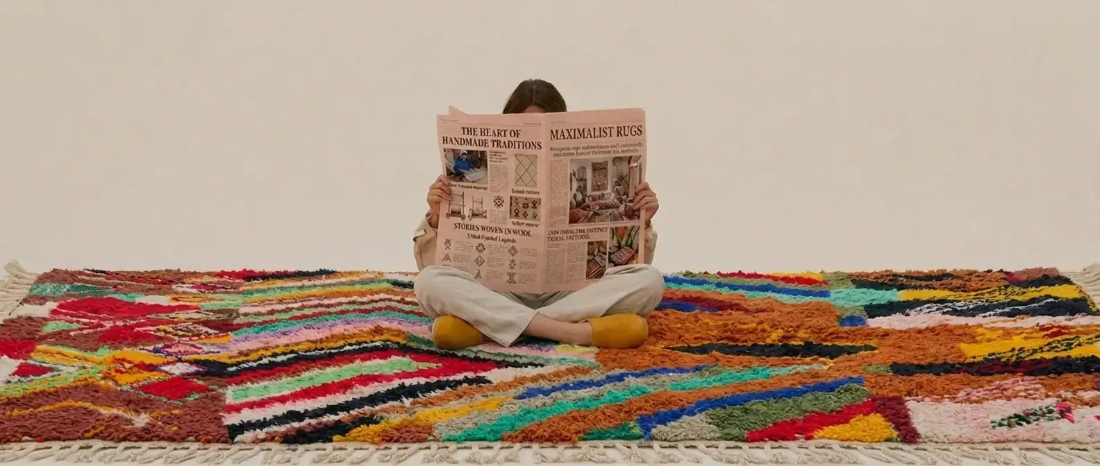 Handmade Moroccan wool rug with bold maximalist colors and patterns