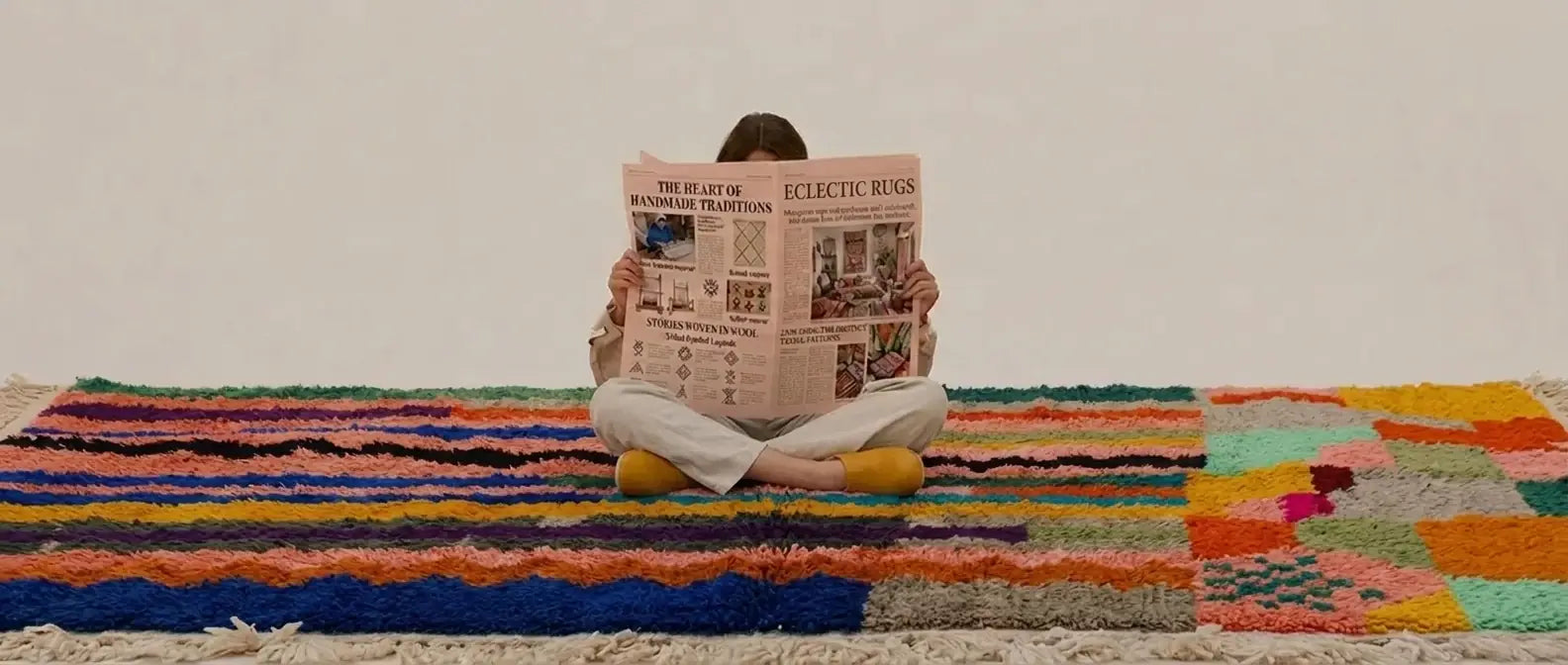 Handmade Moroccan wool rug with eclectic colorful pattern