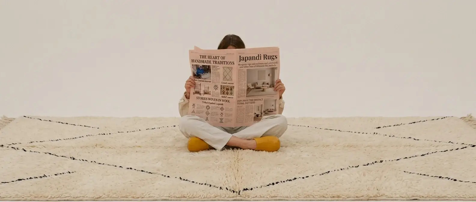 Handmade Moroccan wool rug with neutral Japandi-inspired design