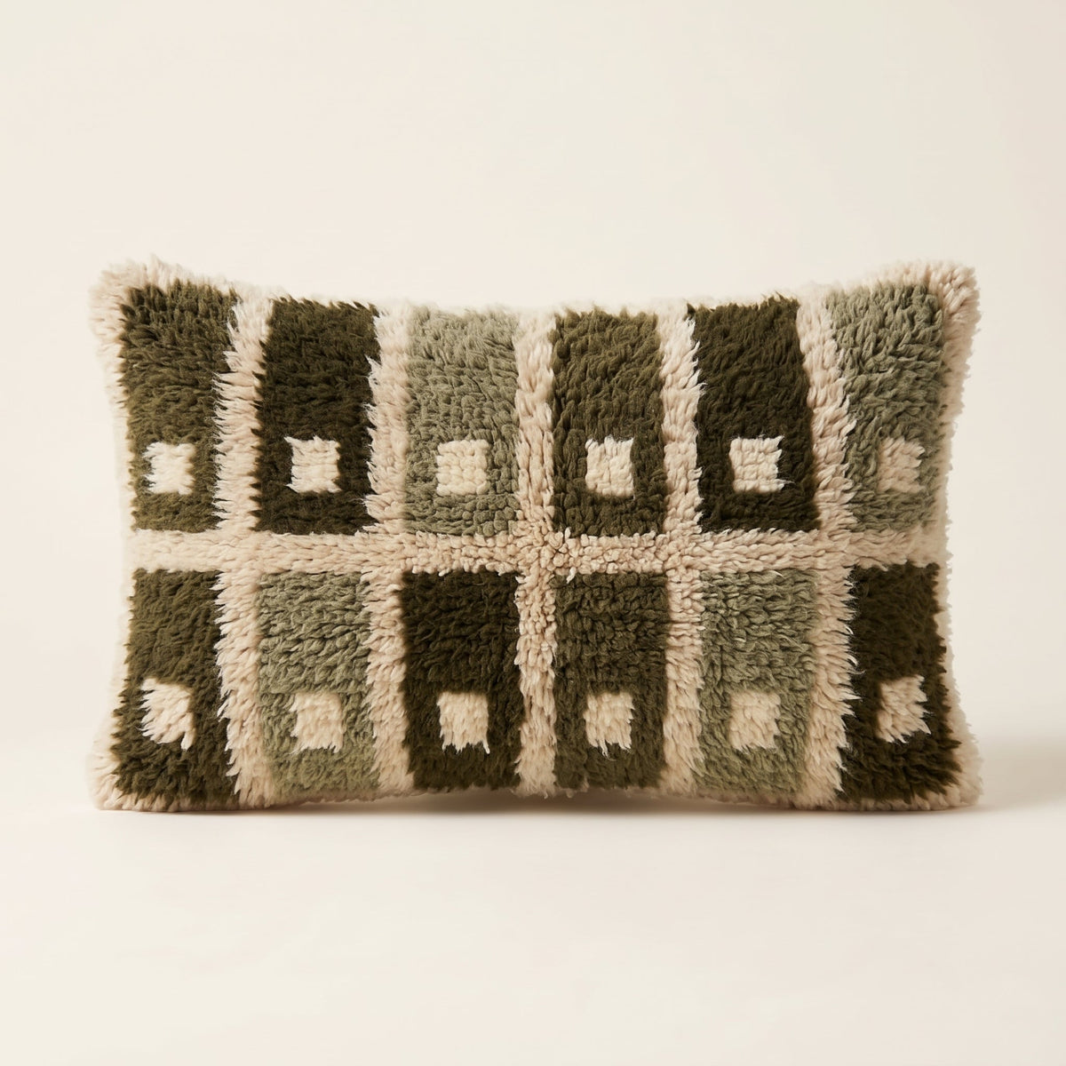 Moroccan wool lumbar pillow in olive green and cream