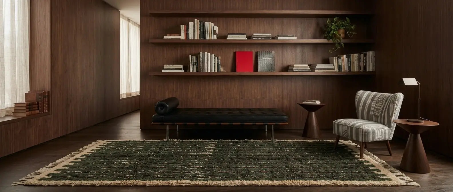 Handmade Moroccan wool rug styled in a modern office