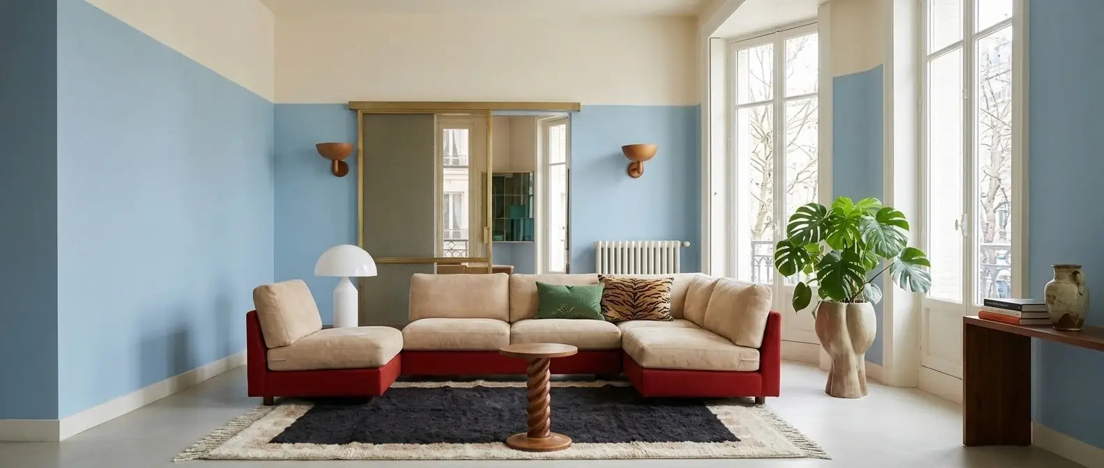 Handmade Moroccan wool rug styled in a modern living room