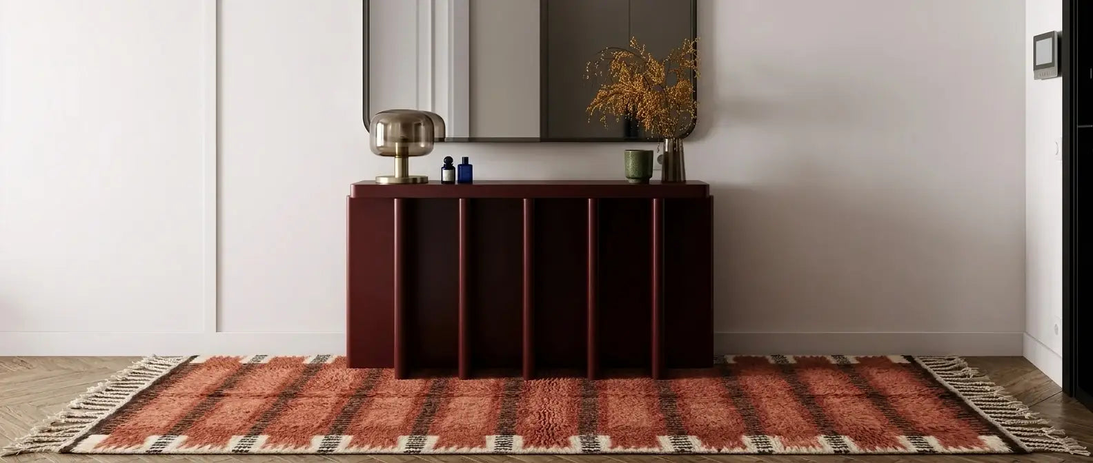 Handmade Moroccan wool rug styled in a home entryway