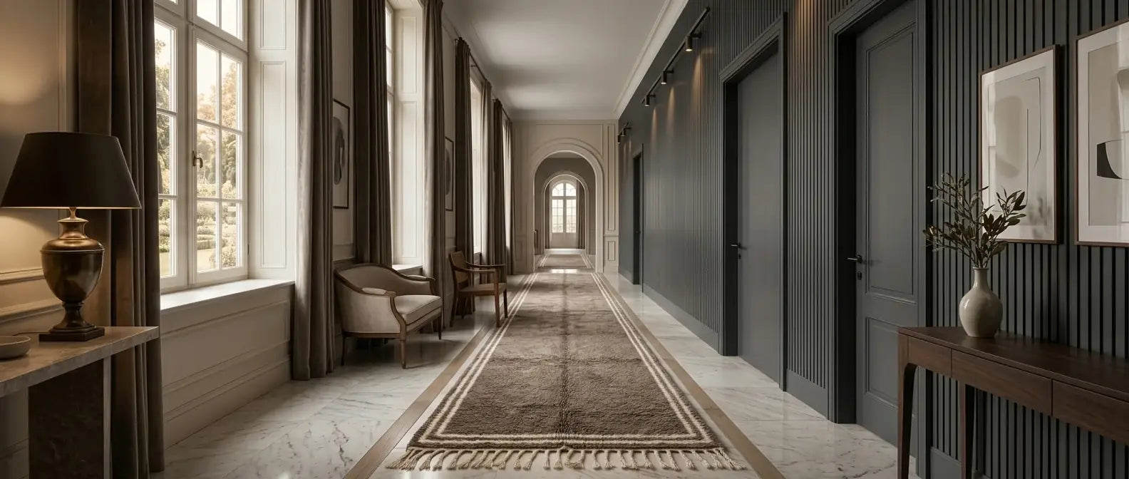 Long handmade Moroccan wool runner rug in a hallway