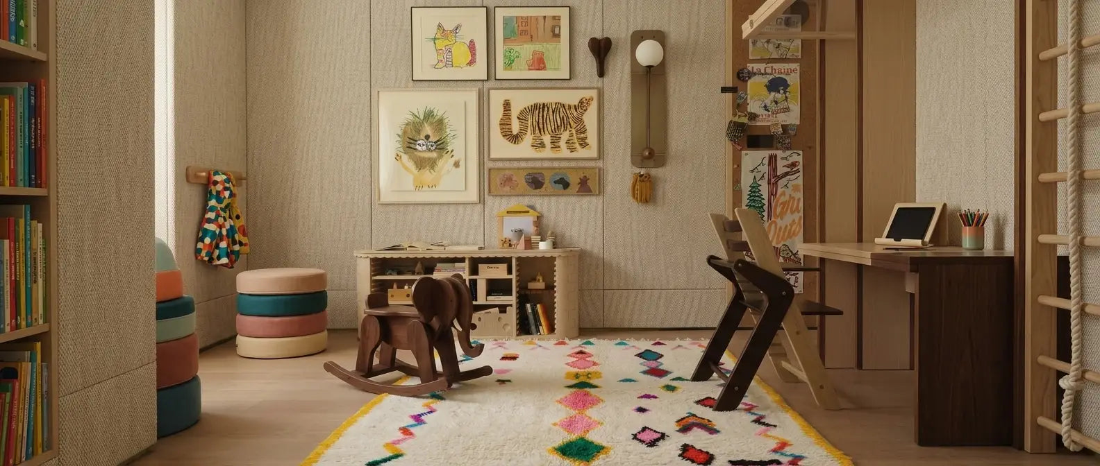 Soft colorful Moroccan wool rug in a kids room or nursery
