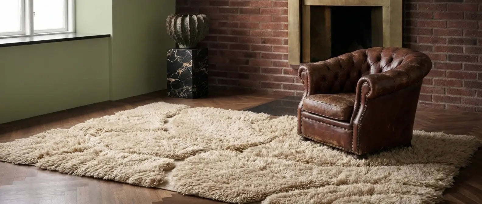 Plush handmade Moroccan shaggy wool rug with deep pile texture