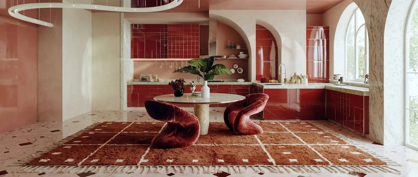 Handwoven Moroccan runner rug styled in a kitchen