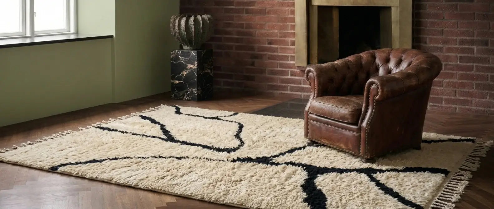 Handmade medium-pile Moroccan wool rug with soft textured surface