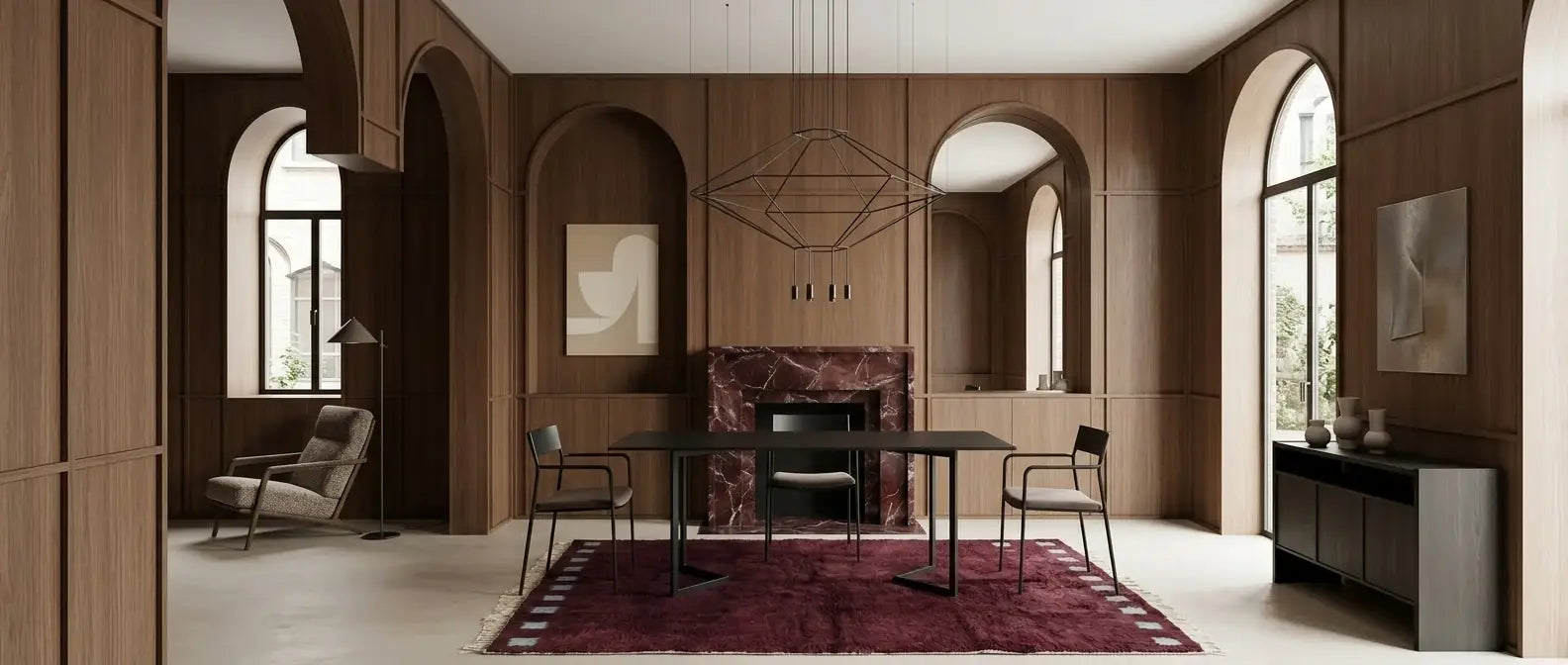 Handmade Moroccan wool rug placed beneath a dining table