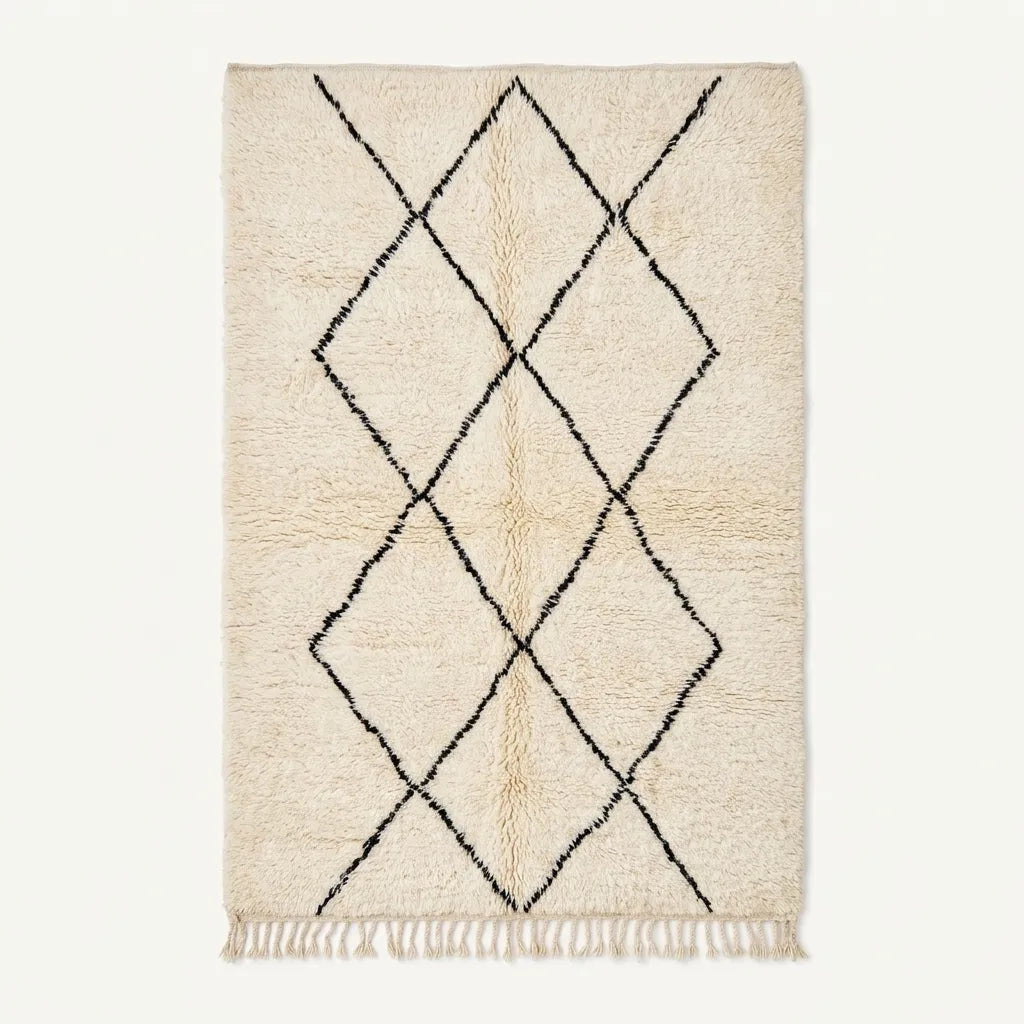 A rectangular cream-colored rug with a black diamond lattice pattern and fringe along the bottom edge, shown against a plain off-white background.