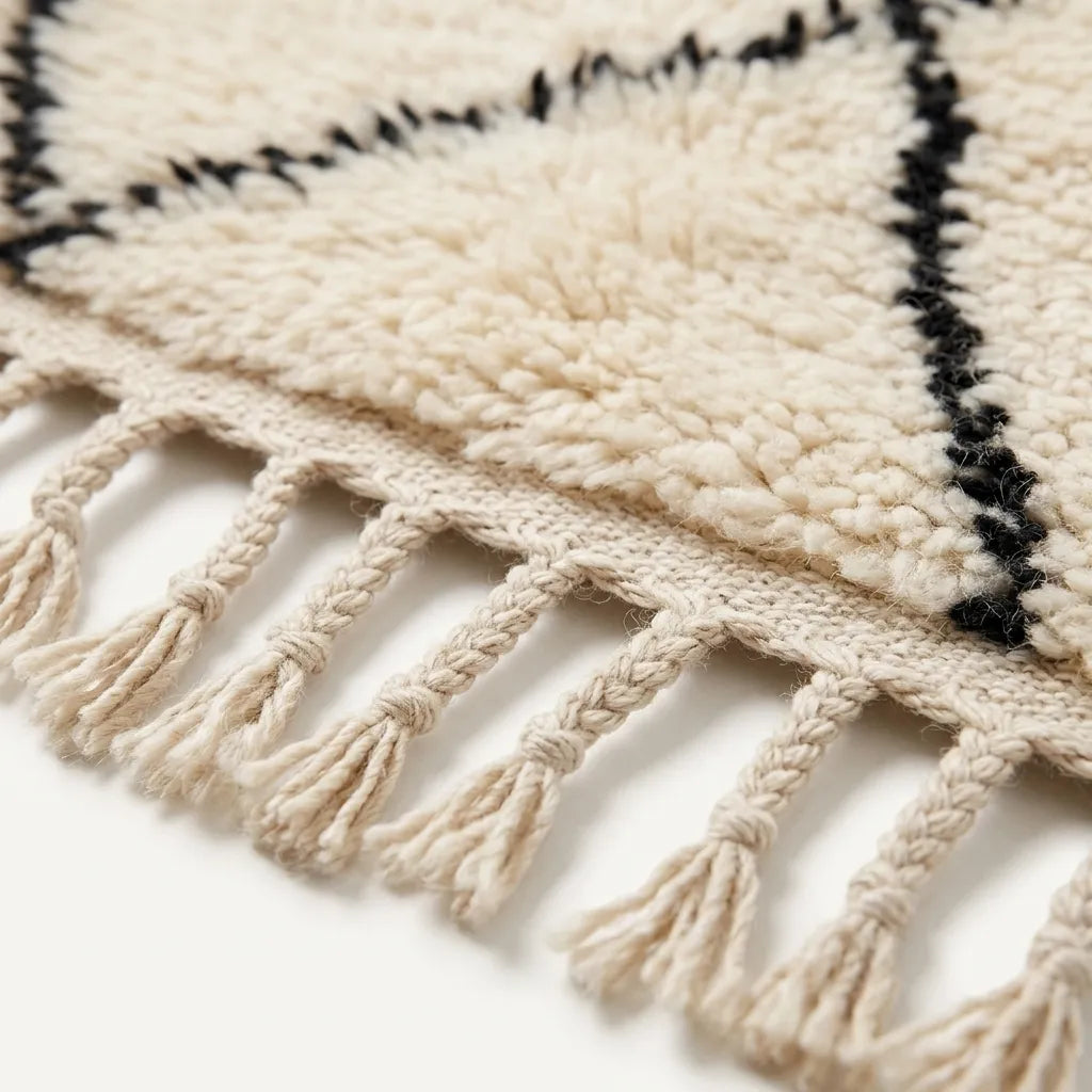 Close-up of a cream-colored textured rug with black geometric border lines and knotted fringe tassels along one edge.