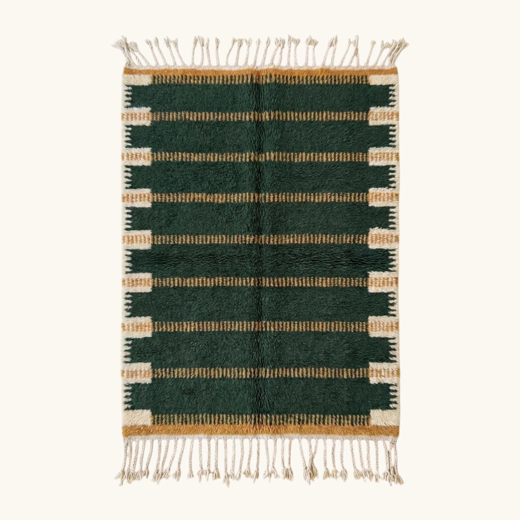 Forest Green, Ochre and Ivory Beni Ourain Rug – Horizontal Band Design – Azru