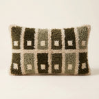 Olive green Moroccan wool lumbar pillow with cream step-block grid, 14 x 24 in