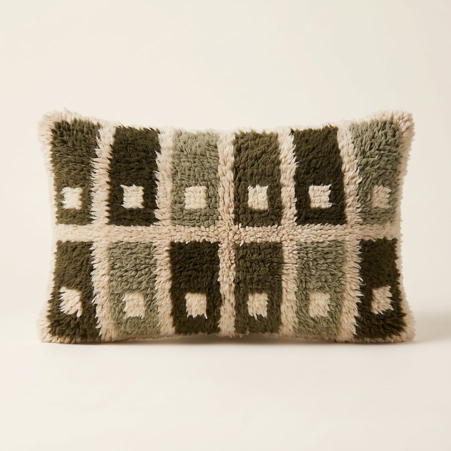 Olive green Moroccan wool lumbar pillow with cream step-block grid, 14 x 24 in
