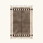Abrid taupe Beni Ourain rug with checkered border motif, full view