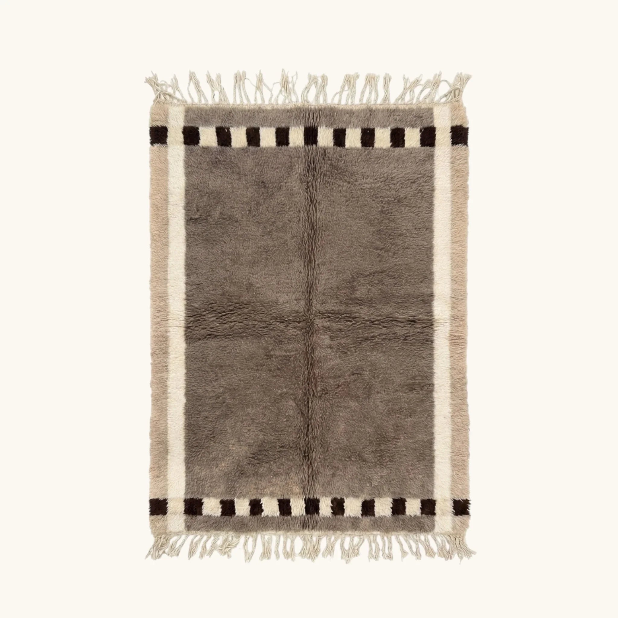 Abrid taupe Beni Ourain rug with checkered border motif, full view
