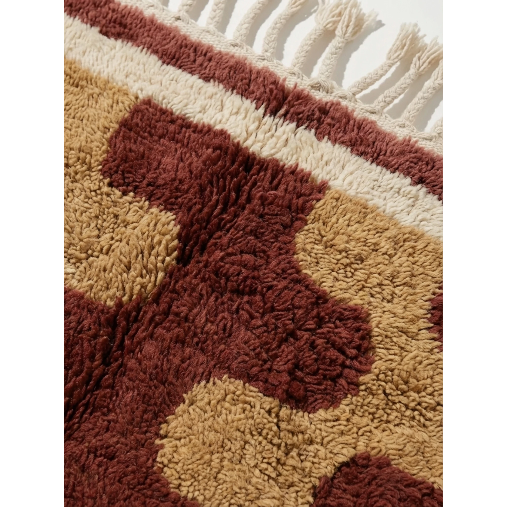 Border detail of the Aderfi abstract Beni Ourain rug in terracotta, camel and ivory.