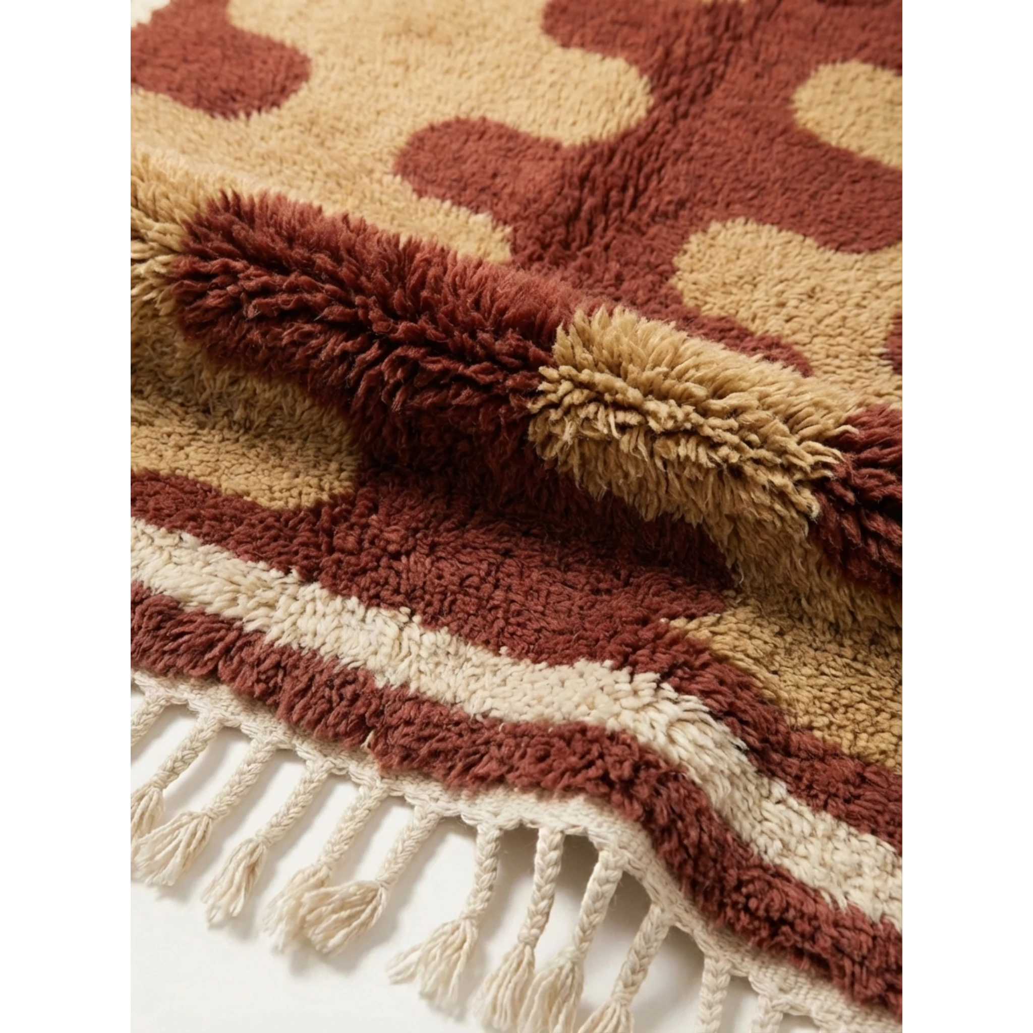 Folded edge detail of the Aderfi rug showing terracotta, camel and ivory hand-knotted wool.