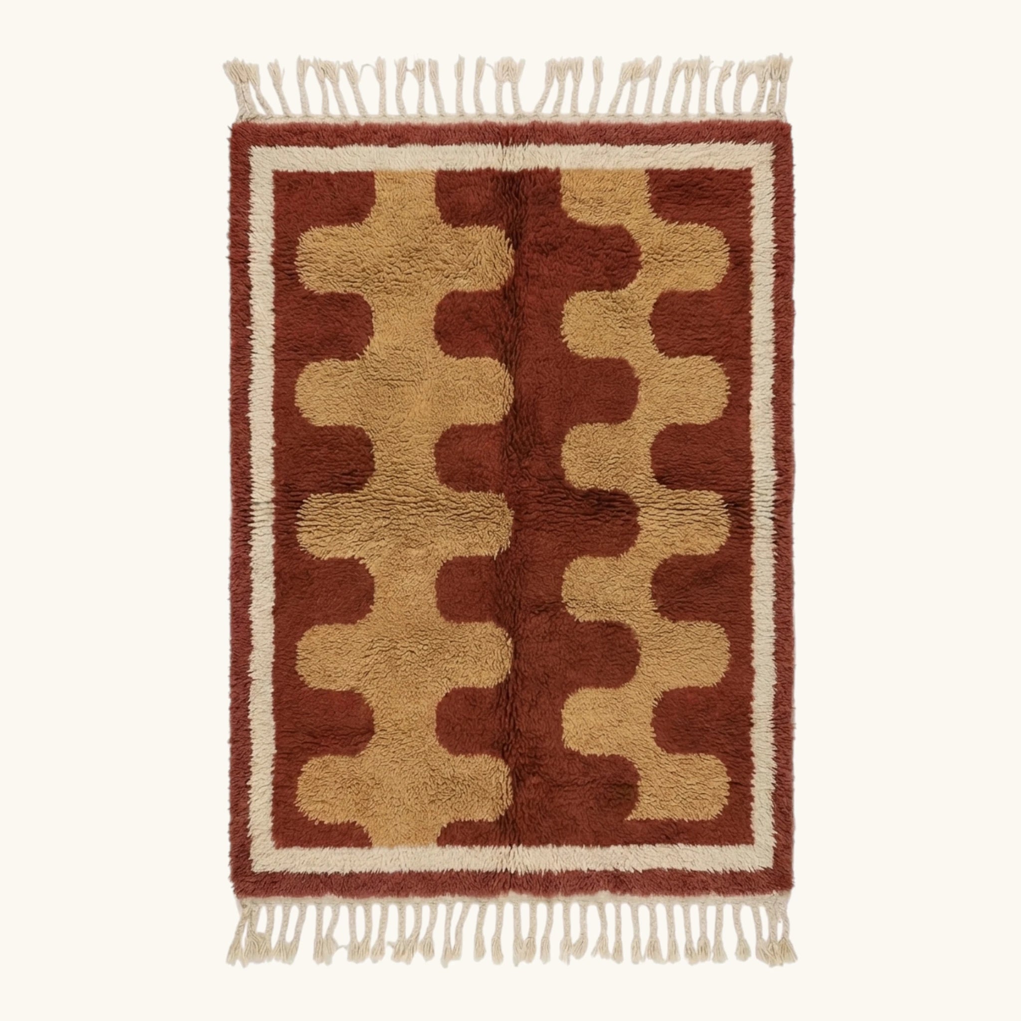 Full view of the Aderfi Beni Ourain rug with terracotta and camel abstract pattern and hand-tied fringe.