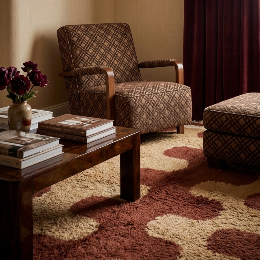 Aderfi terracotta and camel Beni Ourain rug styled beneath sculptural seating in a warm living room.