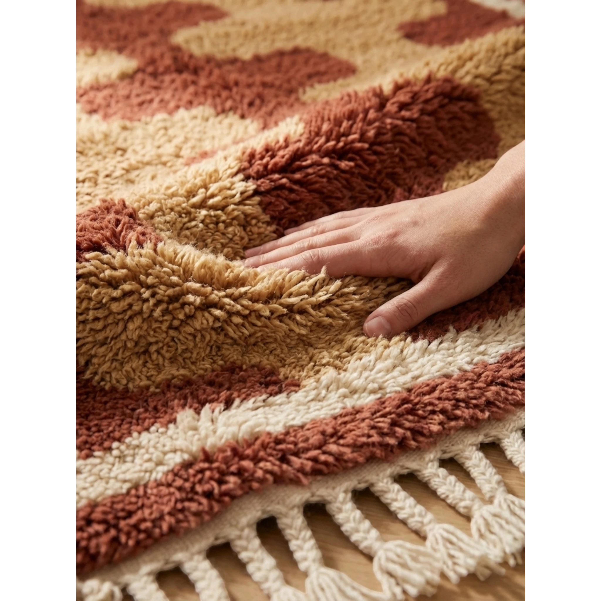 Hand pressing the soft high-pile wool of the Aderfi terracotta and camel Beni Ourain rug.