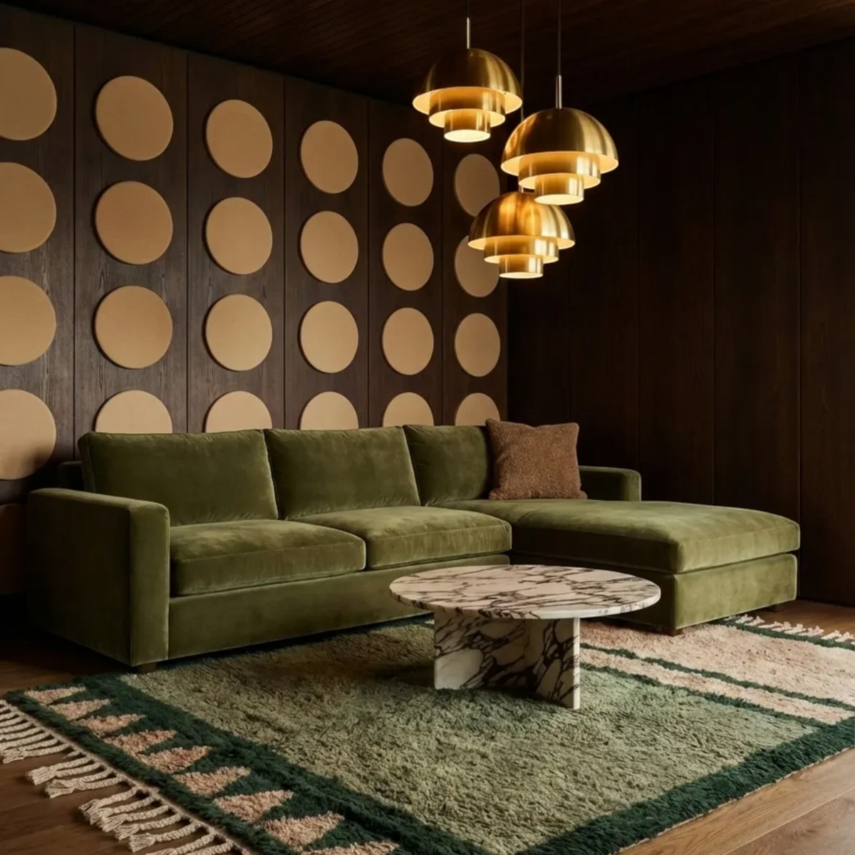 Agbalou olive Beni Ourain rug styled in a sculptural living room