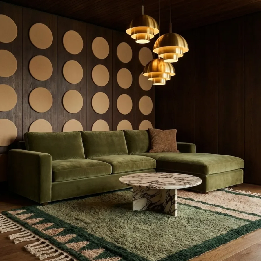 Agbalou olive Beni Ourain rug styled in a sculptural living room