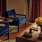 Rust Zanafi rug Aghbalou with dotted organic field in a modern living room