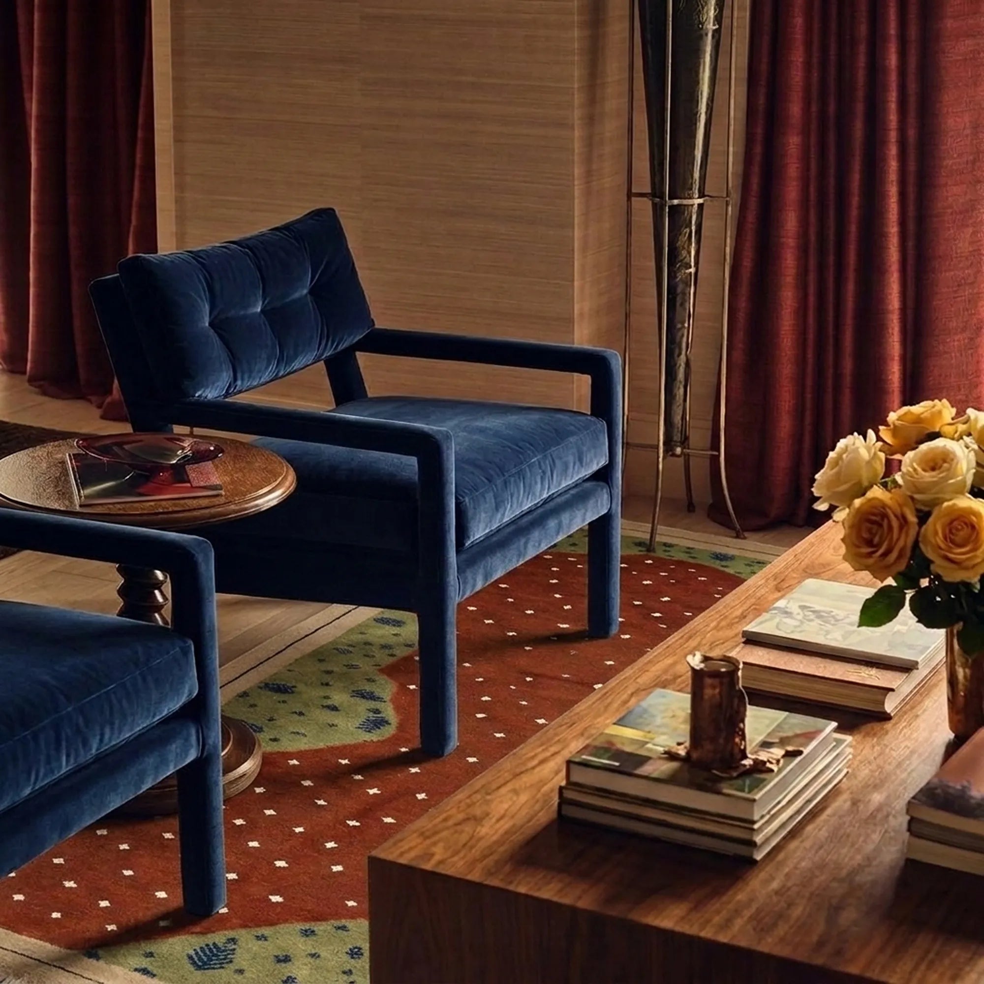 Rust Zanafi rug Aghbalou with dotted organic field in a modern living room