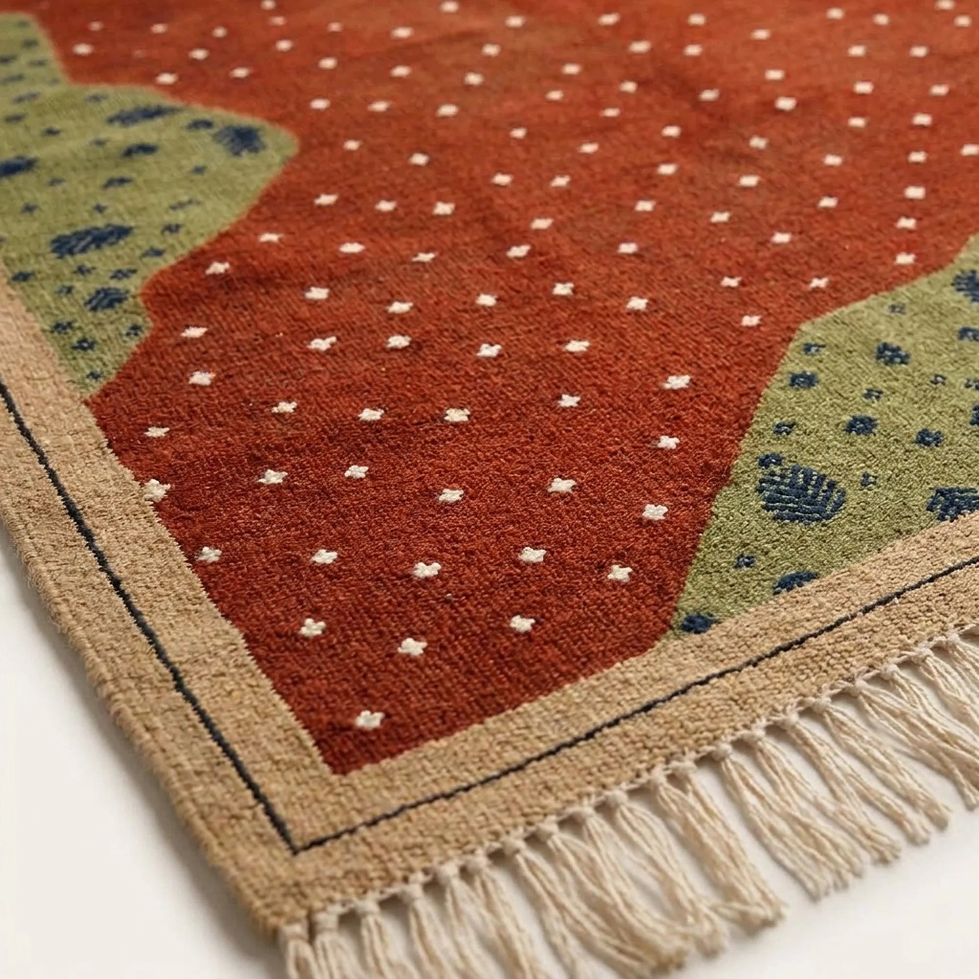 Rust Zanafi rug Aghbalou dotted field, sage corner and fringe detail