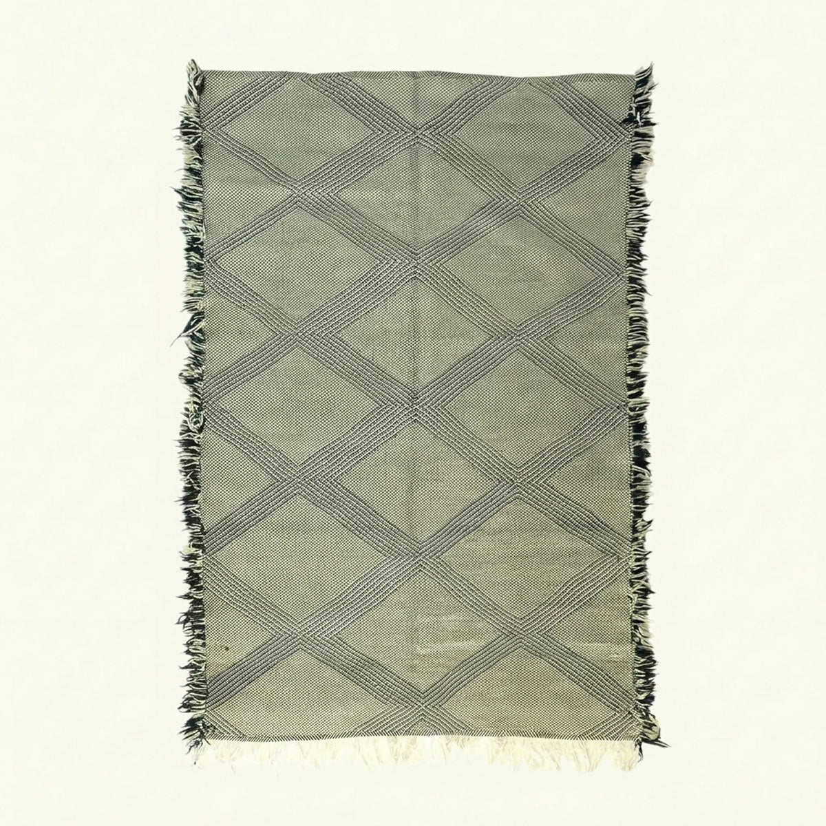 Gray Zanafi Kilim rug Aglou with diamond lattice, full rug view