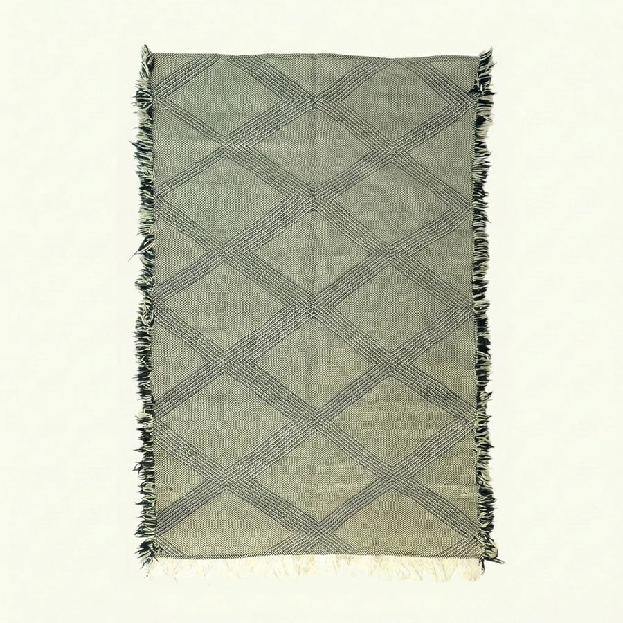 Gray Zanafi Kilim rug Aglou with diamond lattice, full rug view