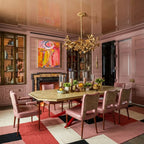Rose Zanafi Kilim rug Ait Baha with color blocks, lifestyle dining room view