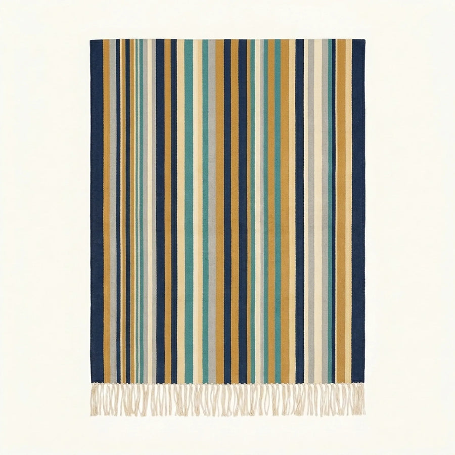 Navy Zanafi Kilim rug Ait Zineb with gold and turquoise vertical stripes, full rug view