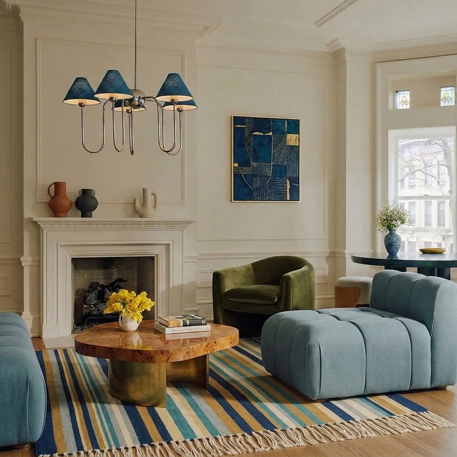Navy Zanafi Kilim rug Ait Zineb with vertical stripes, lifestyle living room view