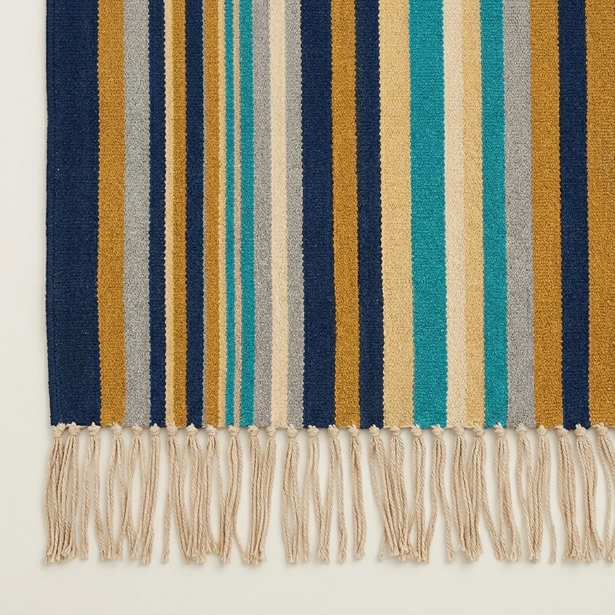 Navy Zanafi Kilim rug Ait Zineb, vertical stripe and fringe detail