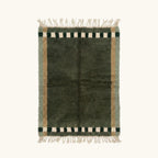 Akal olive Beni Ourain rug with checkered border motif, full view