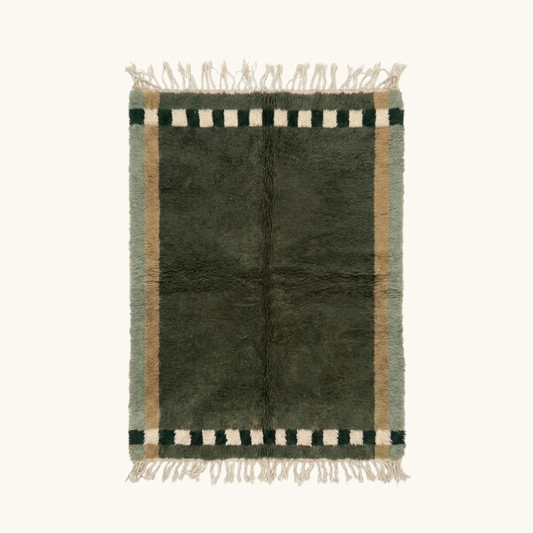 Akal olive Beni Ourain rug with checkered border motif, full view