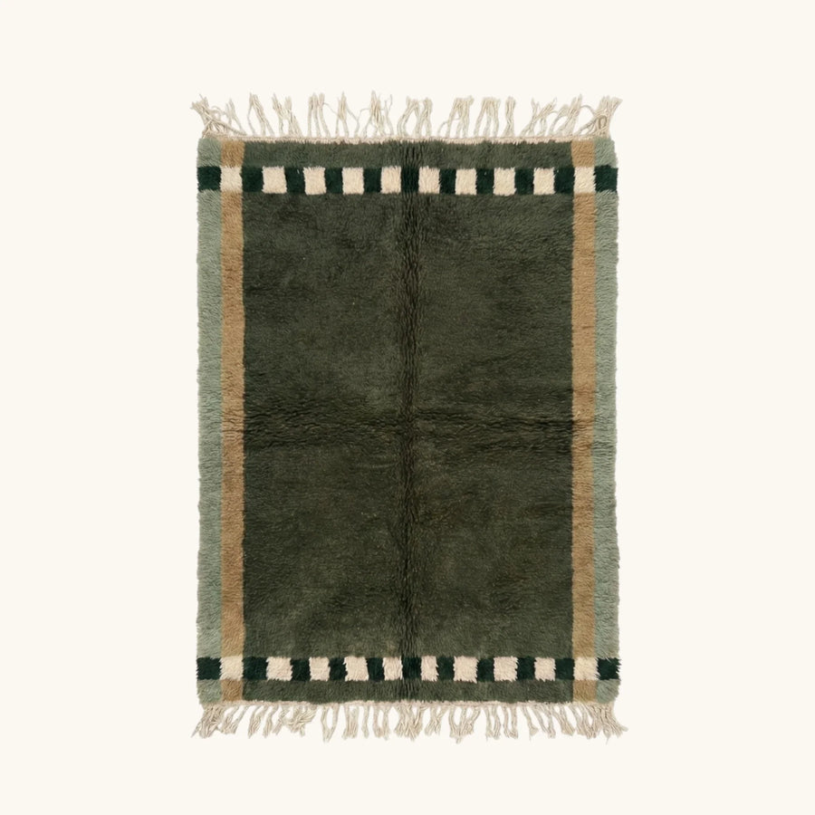 Akal olive Beni Ourain rug with checkered border motif, full view