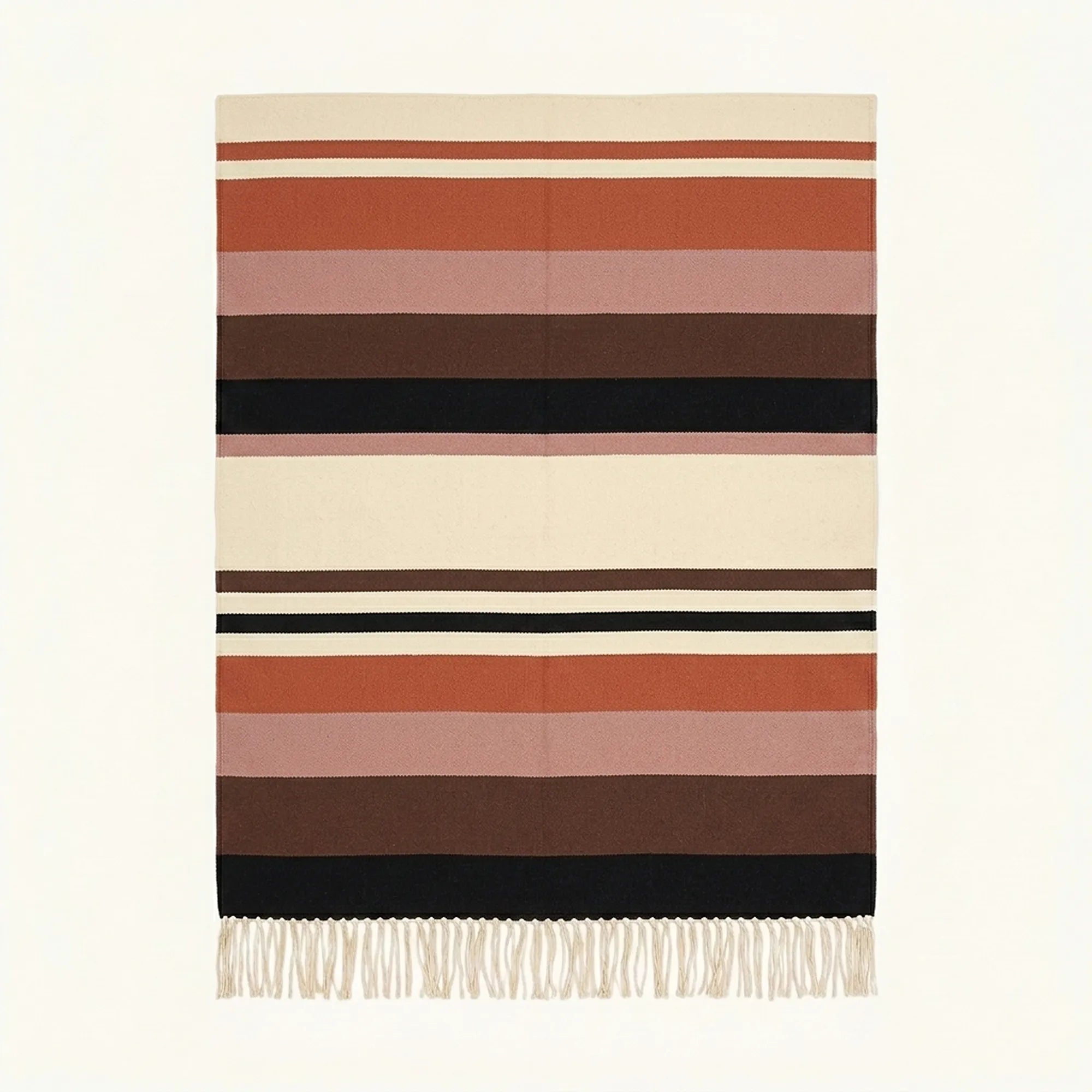 Rust Zanafi Kilim rug Akka with rose brown ivory and black bands, full rug view
