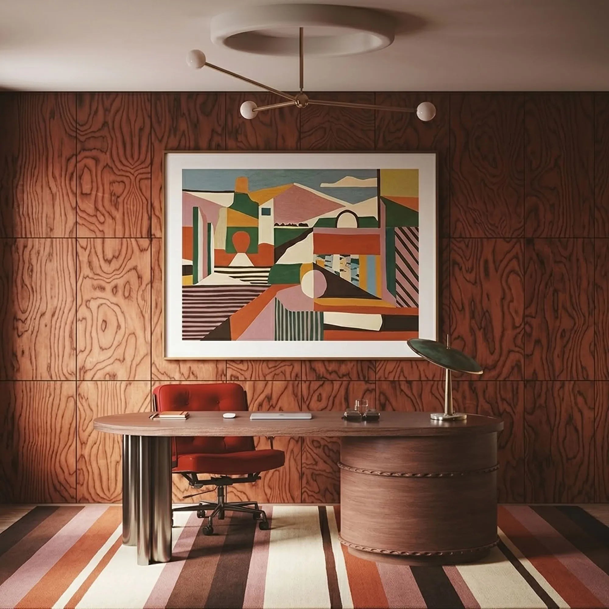 Rust Zanafi Kilim rug Akka with wide horizontal bands, lifestyle office view
