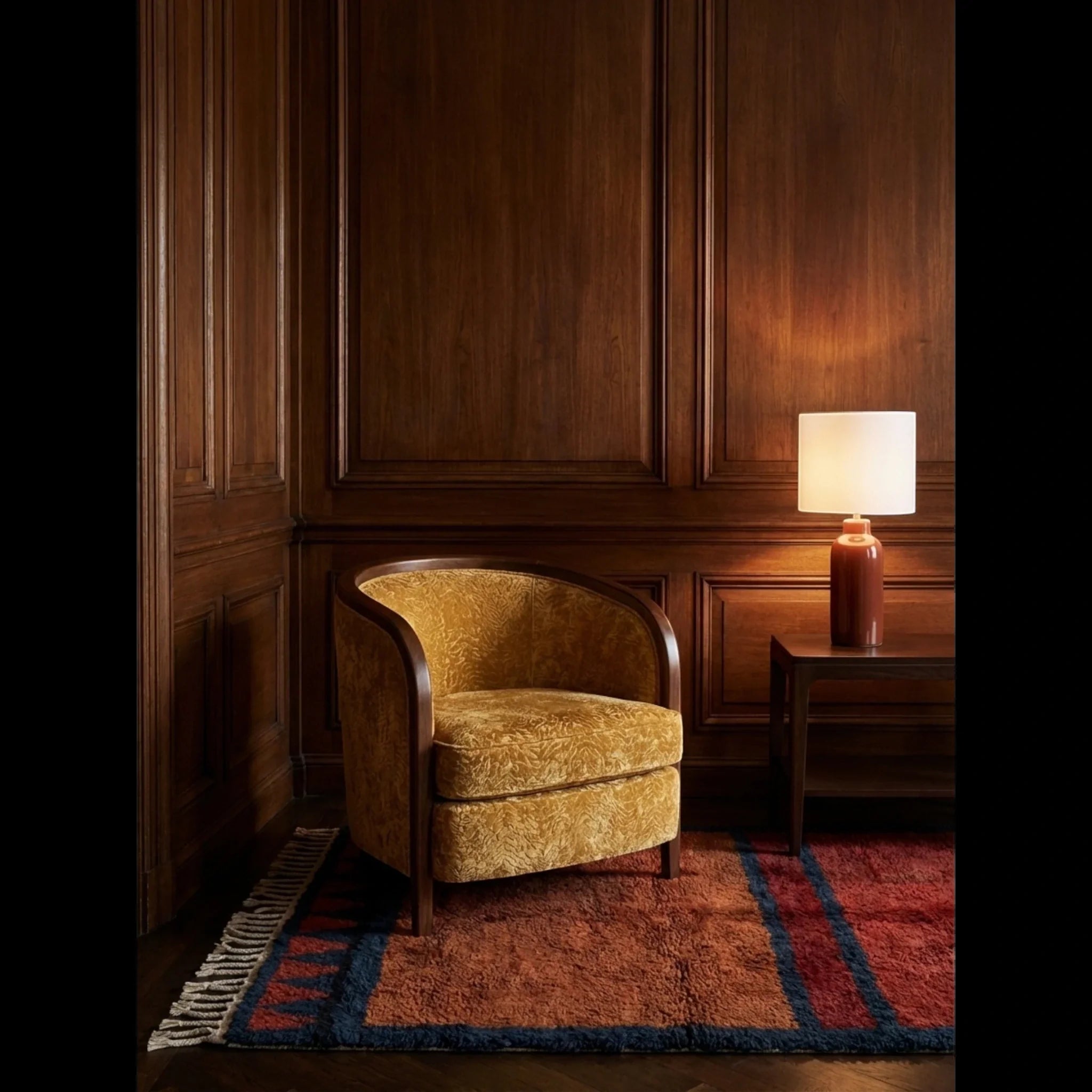 Aksel rust and navy Beni Ourain rug styled in a luxurious interior.