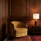 Aksel rust and navy Beni Ourain rug styled in a warm interior