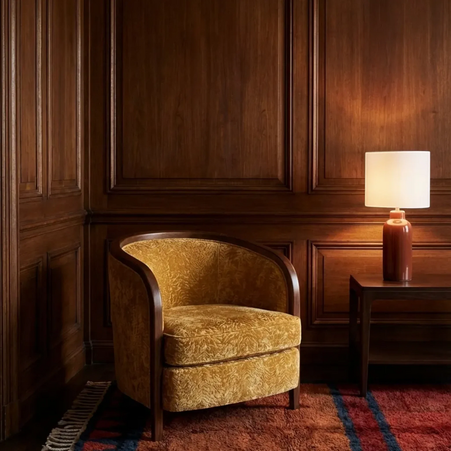 Aksel rust and navy Beni Ourain rug styled in a warm interior