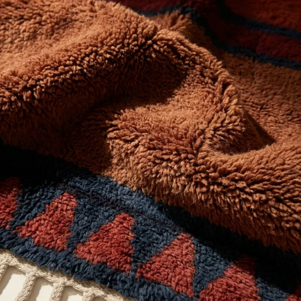 Aksel rust and navy Beni Ourain rug plush wool texture detail