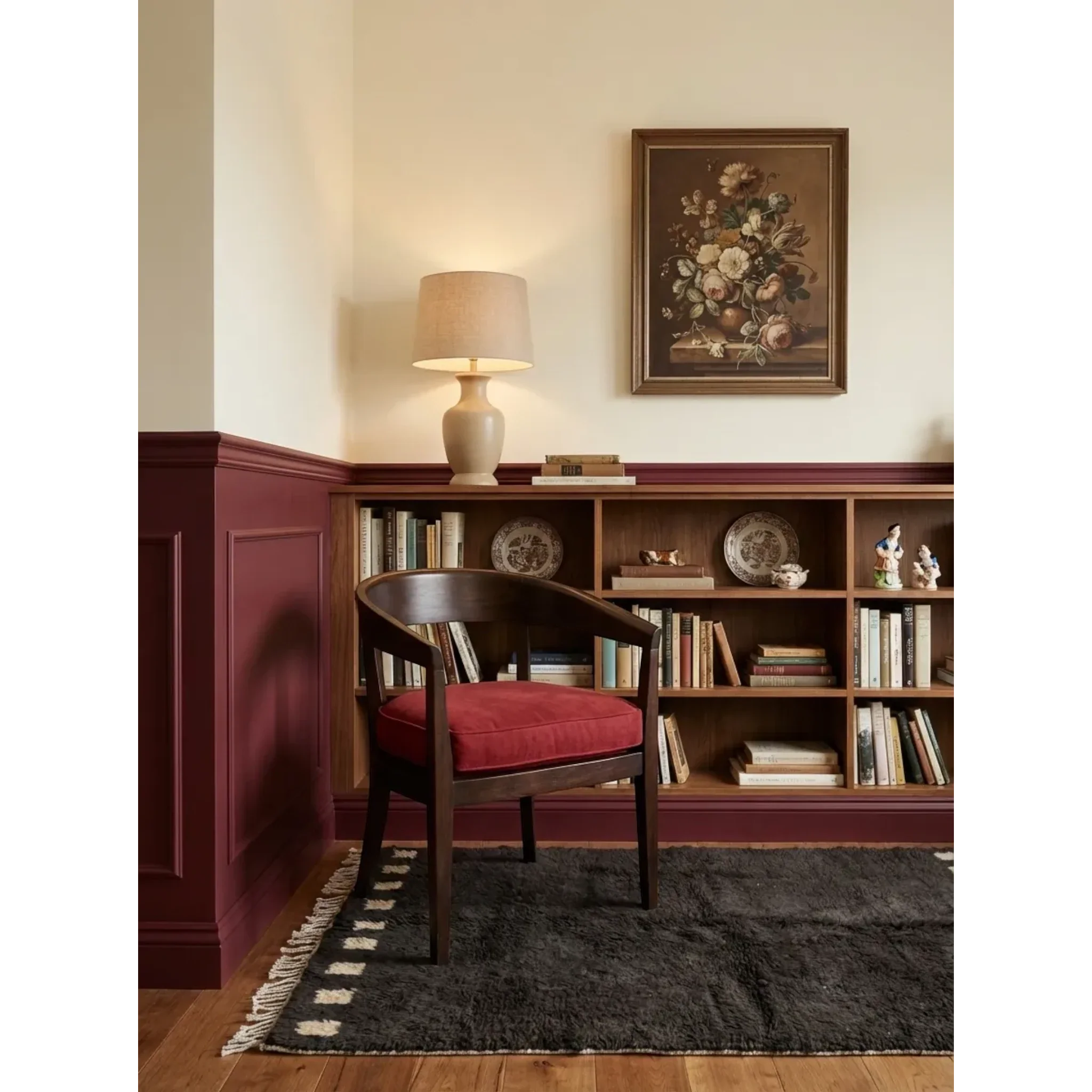 Amanar charcoal Beni Ourain rug styled in a contemporary interior.